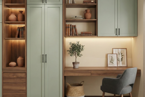 "Adaçayı yeşili gömme dolaplar, ceviz ahşap çalışma masası ve gizli LED aydınlatmalı modern ev ofis dekorasyonu. Entegre kitaplık ve şık çalışma sandalyesi."