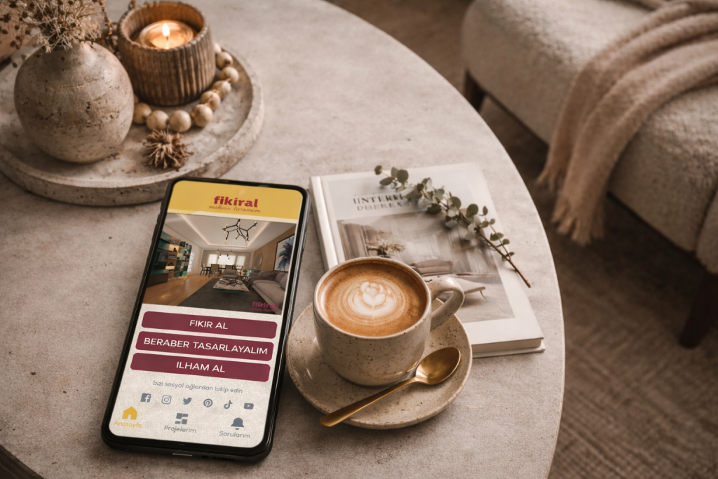 Mermer sehpa üzerinde FikirAL mobil uygulaması ana ekranı; Fikir Al, Beraber Tasarlayalım ve İlham Al buton seçenekleri ile estetik ve modern bir yaşam tarzı fotoğrafı.