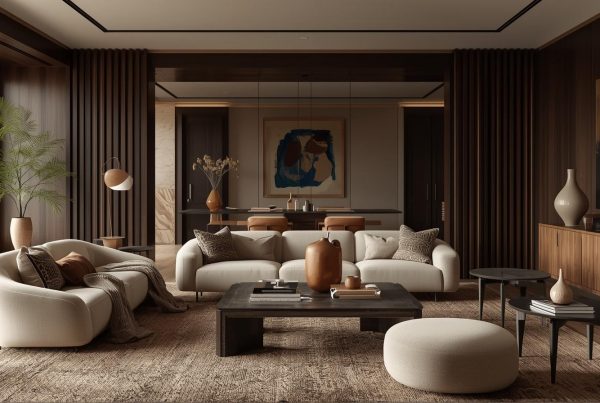 Zamansız tasarıma sahip bej kanepe ve ahşap zemin üzerine, trend renklerde yastıklar ve modern aksesuarlarla dekore edilmiş dengeli bir salon görünümü.