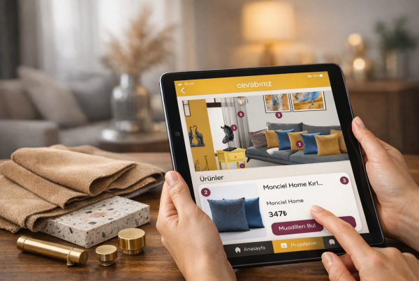 FikirAl iç mimarlık uygulamasının tablet ekranında salon dekorasyon önerileri, ürün fiyatları ve muadil bulma özelliği; masada bej kumaş, terrazzo taş ve pirinç malzeme örnekleri ile birlikte.