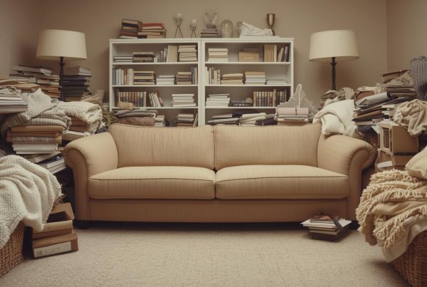 Küçük bir oturma odasının merkezine yerleştirilmiş gereğinden büyük bej koltuk ve etrafında birikmiş kitaplar, sepetler ve eşyalarla oluşan sıkışık, karmaşık ve dar görünüm.