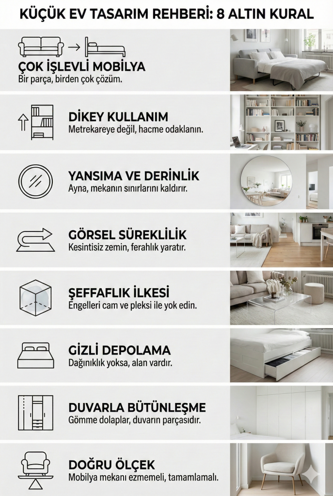 Küçük ev dekorasyon rehberi ve evi geniş gösterme yolları. Dar alanlar için iç mimari çözümler, akıllı depolama fikirleri, ayna kullanımı ve doğru mobilya yerleşimi ipuçlarını içeren 8 maddelik FikirAL tasarım infografiği.