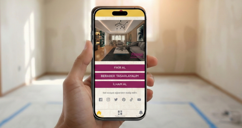 Tadilat yapılacak boş bir odada, FikirAL uygulamasının ihtiyaç analizi ve soru ekranını inceleyen kullanıcı; tadilata başlamadan önce doğru soruları sormanın önemini gösteren görsel.